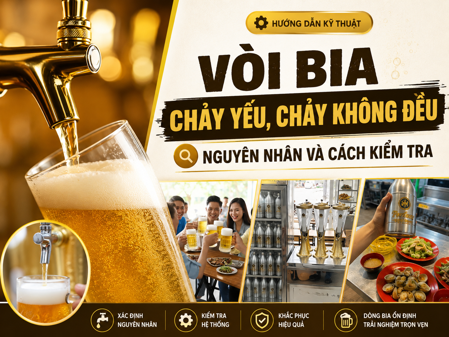 Kiểm tra vòi bia rót yếu và dòng bia chảy không đều tại quán